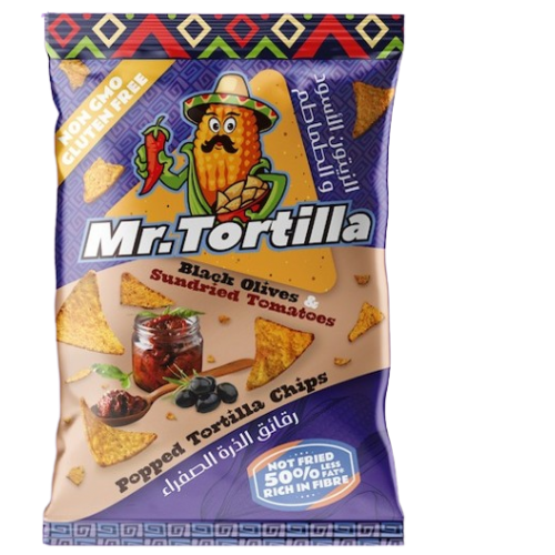 رقائق الذرة الصفراء مستر تورتيلا بنكهة الزيتون الأسود والطماطم من فيف فري رقائق الذرة الصفراء مستر تورتيلا بنكهة الزيتون الأسود والطماطم من فيف فري